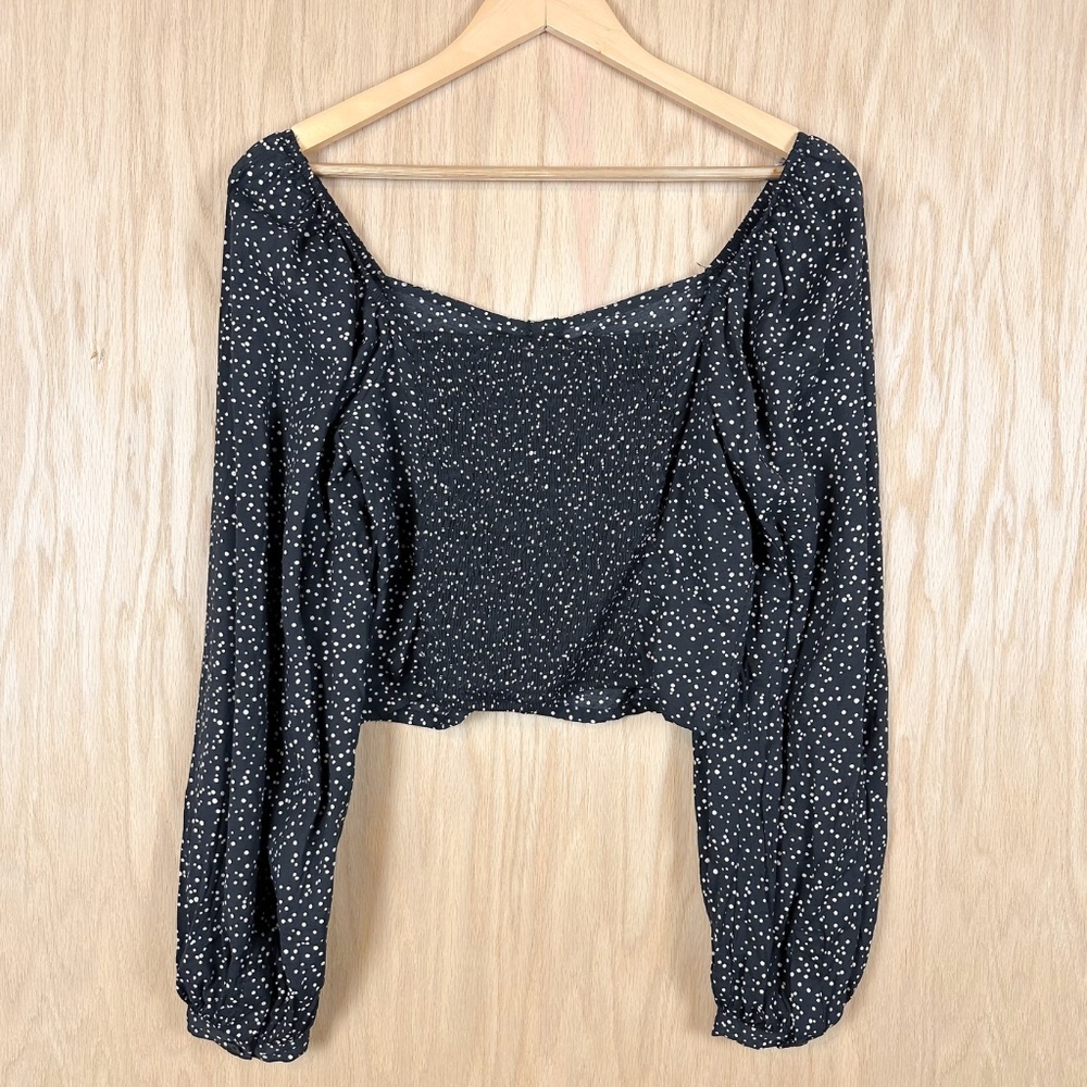 A New Day Black Polka Dot Ruched Long Sleeve Crop Top Medium - Picture 6 of 8